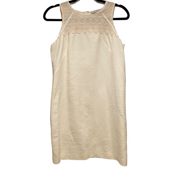 LOFT Cream Sleeveless 100% Cotton Scalloped Yoke High-Neck Mini Dress Size 4 - Picture 1 of 7